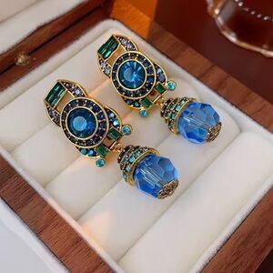 Anthropologie Blue and Gold Statement Earrings